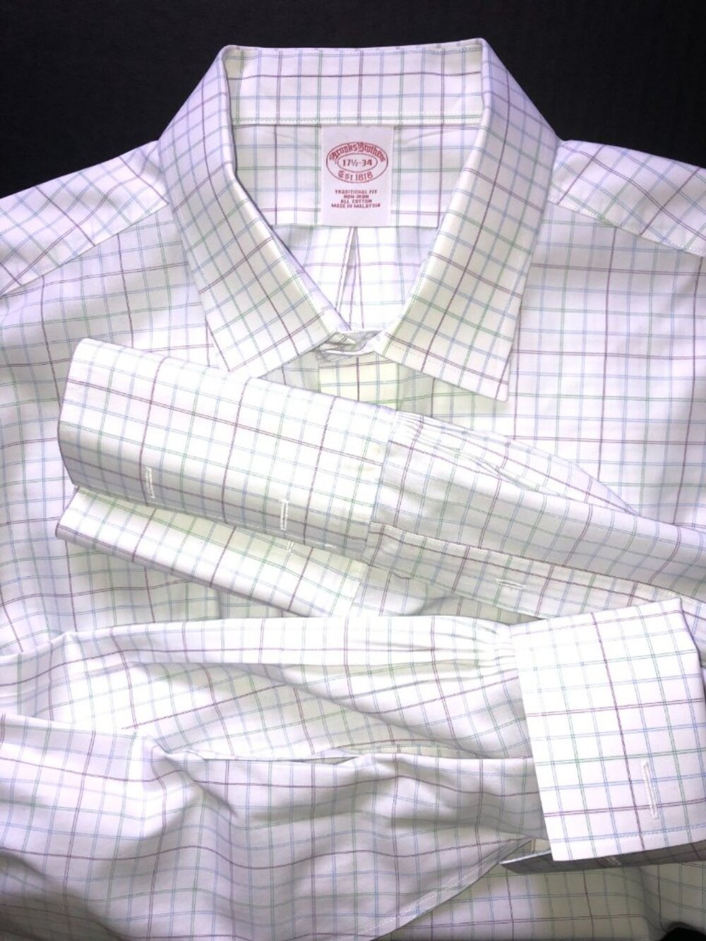 Vintage Brooks Brothers Mens Button Up Checkered French Cuff All Cotton 17.5-34
